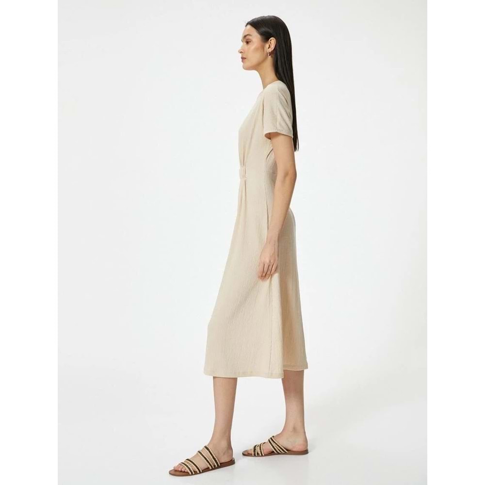 Midi Elbise Bisiklet Yaka Kısa Kollu Beli Büzgü Detaylı - KOTON - 4SAK80001UK - BEJ - S