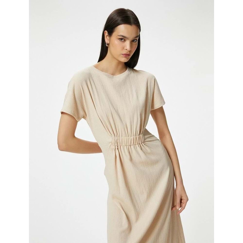 Midi Elbise Bisiklet Yaka Kısa Kollu Beli Büzgü Detaylı - KOTON - 4SAK80001UK - BEJ - S