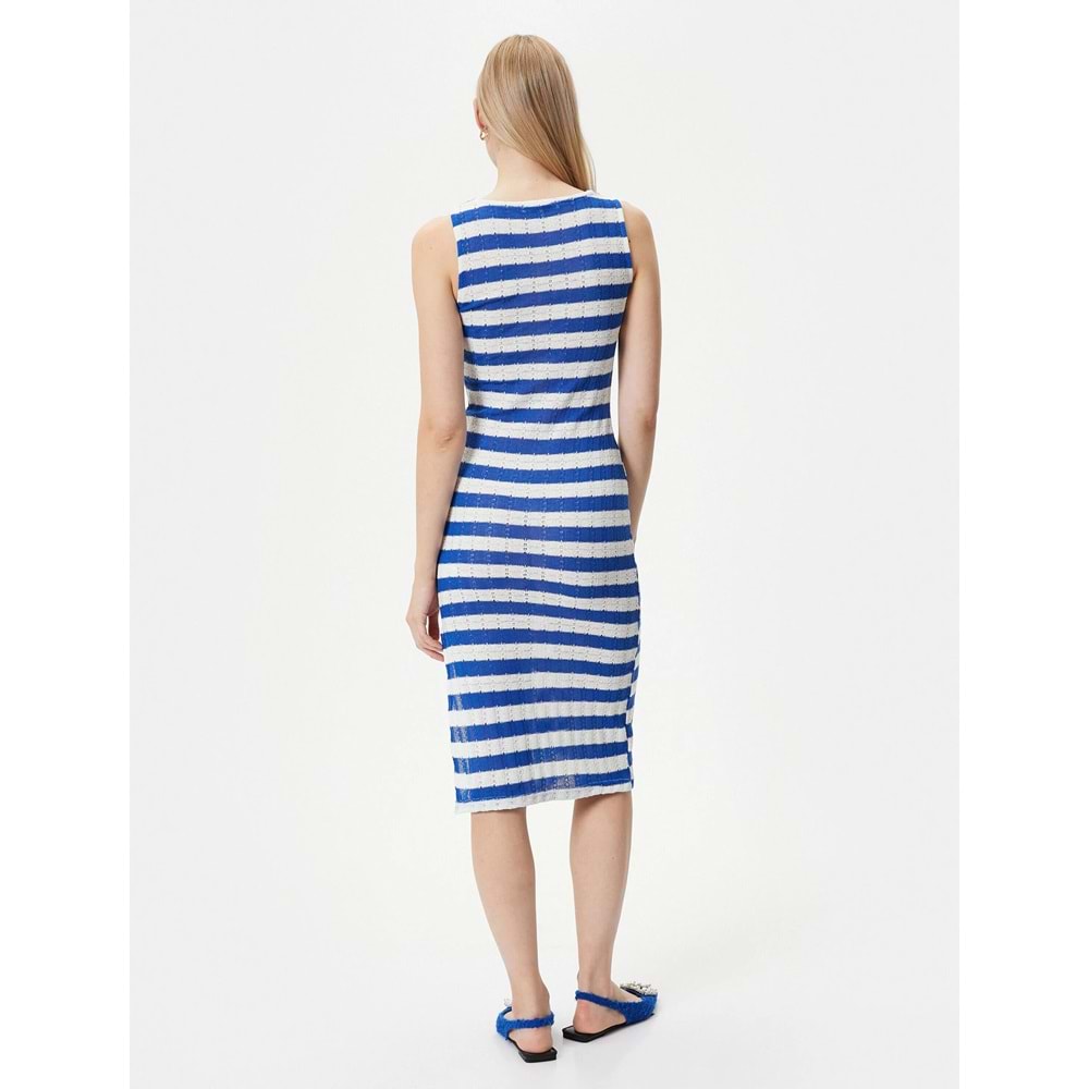 Midi Elbise Yırtmaç Detaylı Bisiklet Yaka - KOTON - 4SAK80107EK - MAVİ ÇİZGİLİ - XL