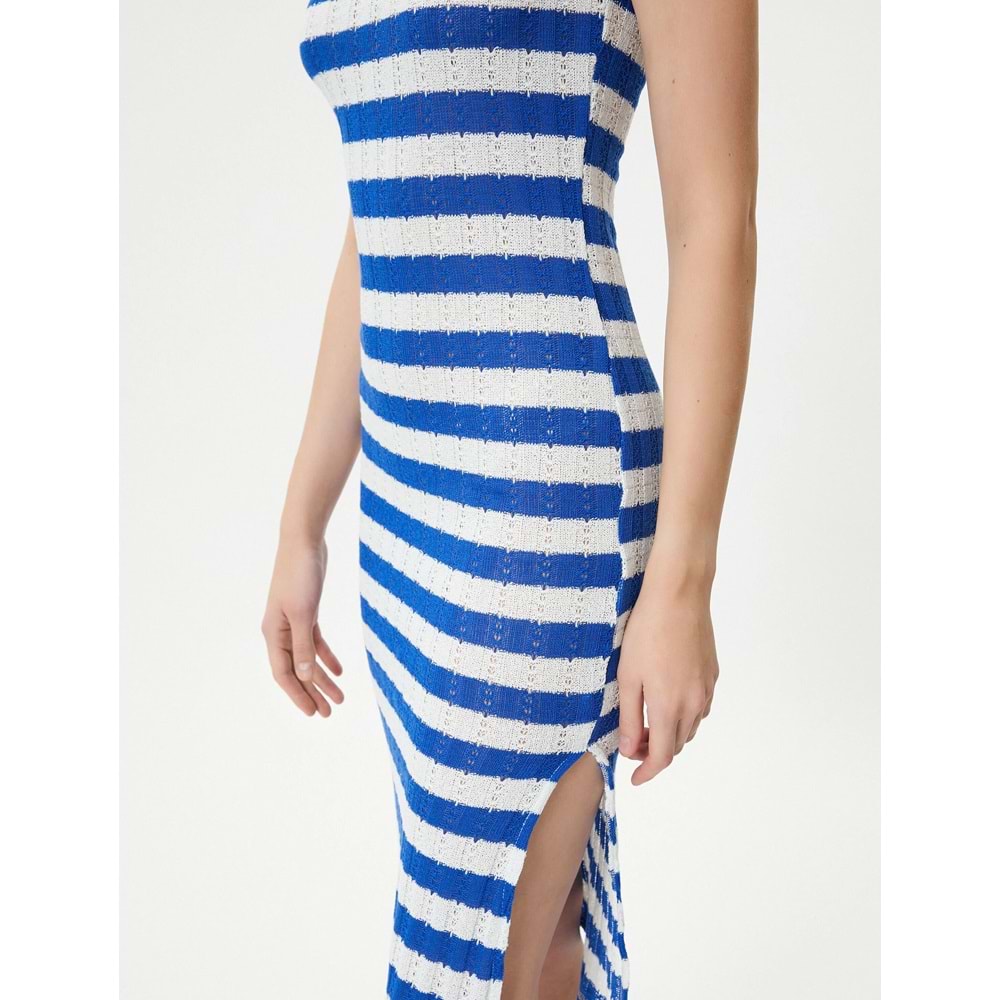 Midi Elbise Yırtmaç Detaylı Bisiklet Yaka - KOTON - 4SAK80107EK - MAVİ ÇİZGİLİ - XL