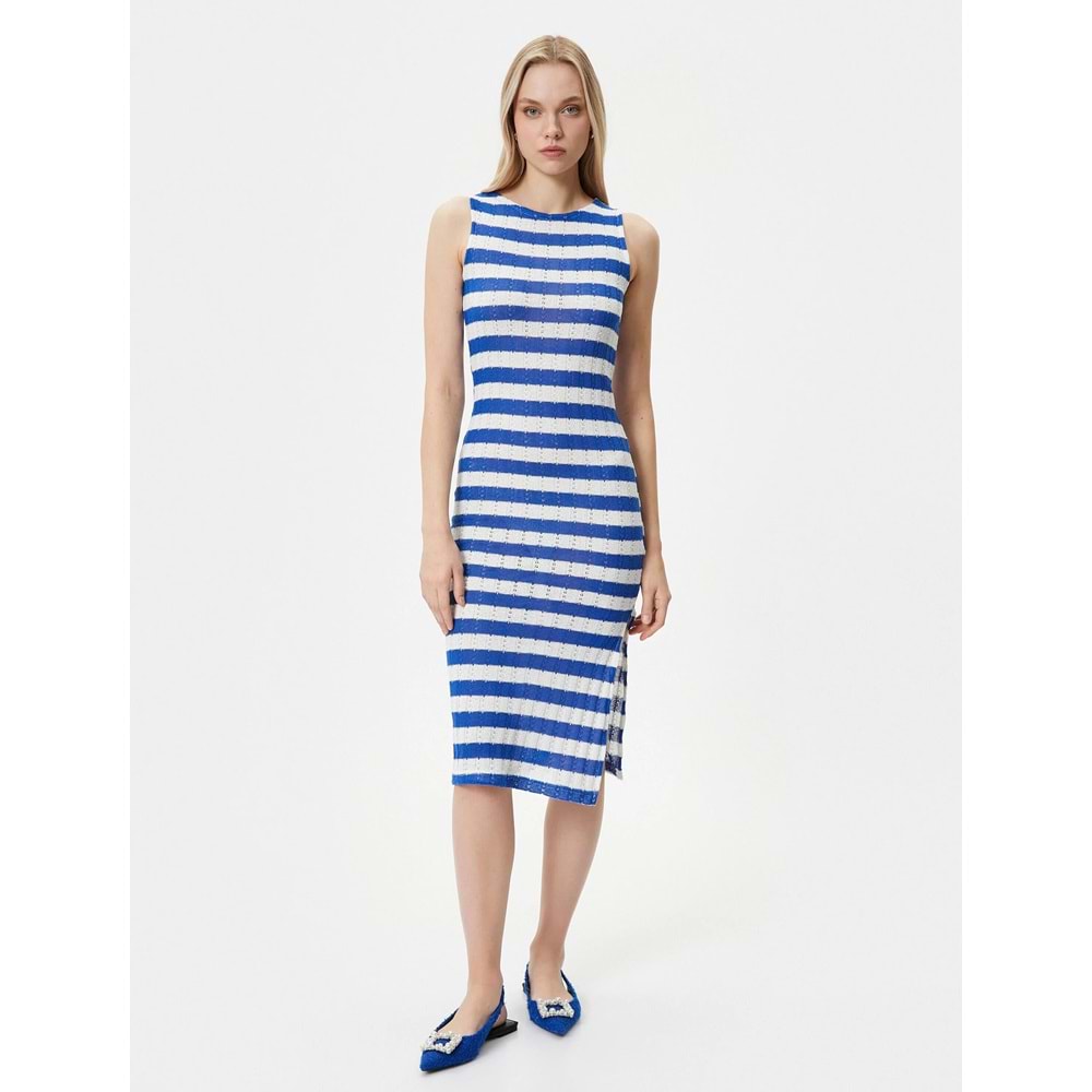 Midi Elbise Yırtmaç Detaylı Bisiklet Yaka - KOTON - 4SAK80107EK - MAVİ ÇİZGİLİ - XL