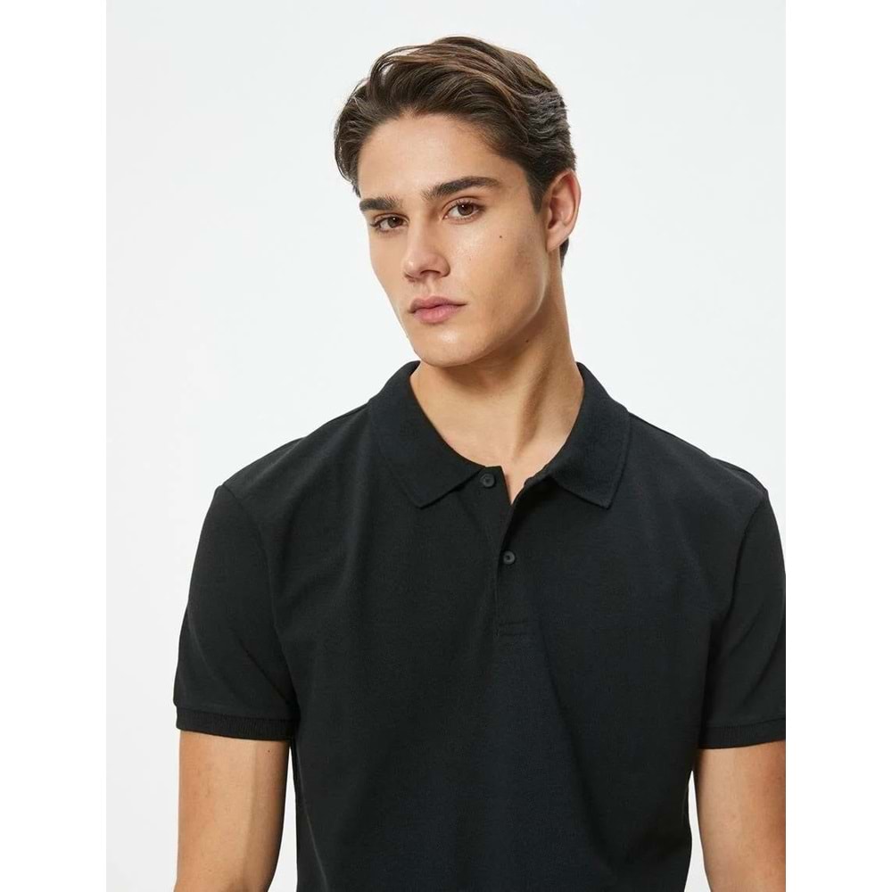 Polo Yaka Tişört Slim Fit Düğmeli Kısa Kollu - KOTON - 4SAM10098MK - SİYAH - M