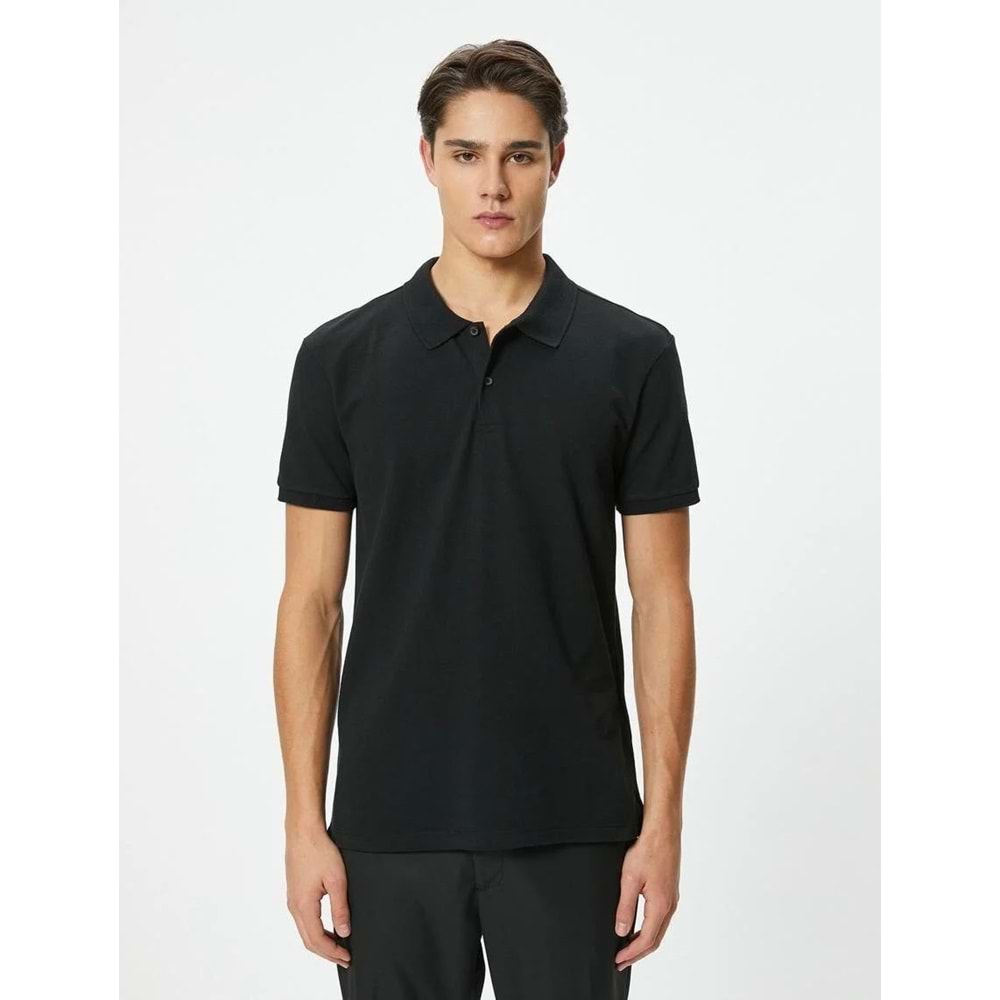 Polo Yaka Tişört Slim Fit Düğmeli Kısa Kollu - KOTON - 4SAM10098MK - SİYAH - M
