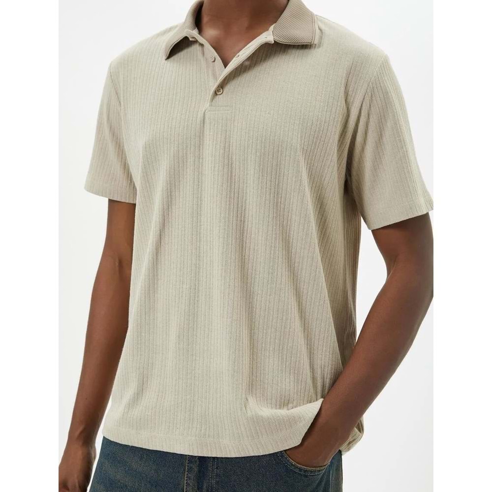 Polo Tişört Yaka Detaylı Düğmeli Kısa Kollu Dokulu - KOTON - 4SAM10091MK - BEJ - XL
