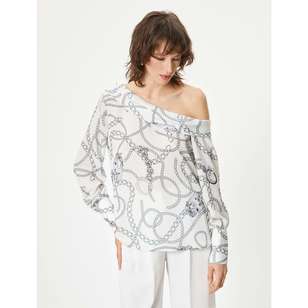 Degaje Yaka Bluz Şal Desenli Uzun Kollu - KOTON - 4SAK60314UW - BEYAZ DESENLİ - 42