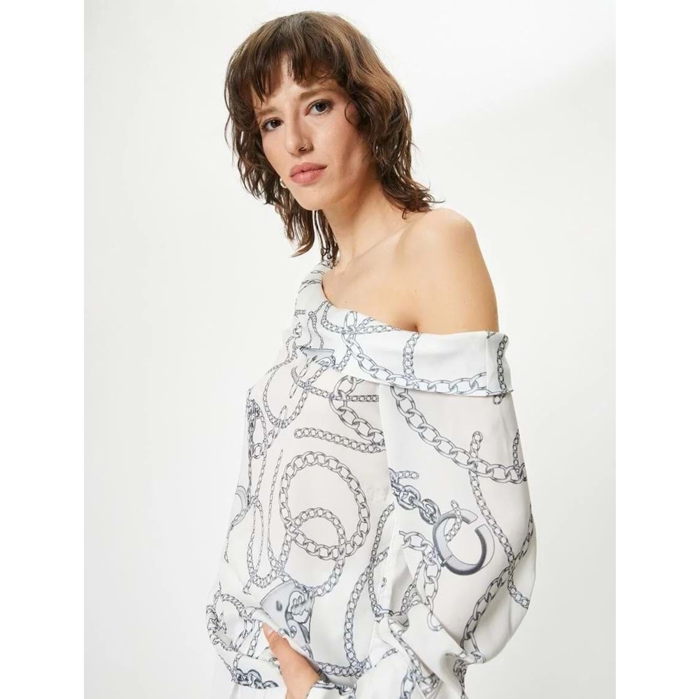 Degaje Yaka Bluz Şal Desenli Uzun Kollu - KOTON - 4SAK60314UW - BEYAZ DESENLİ - 42