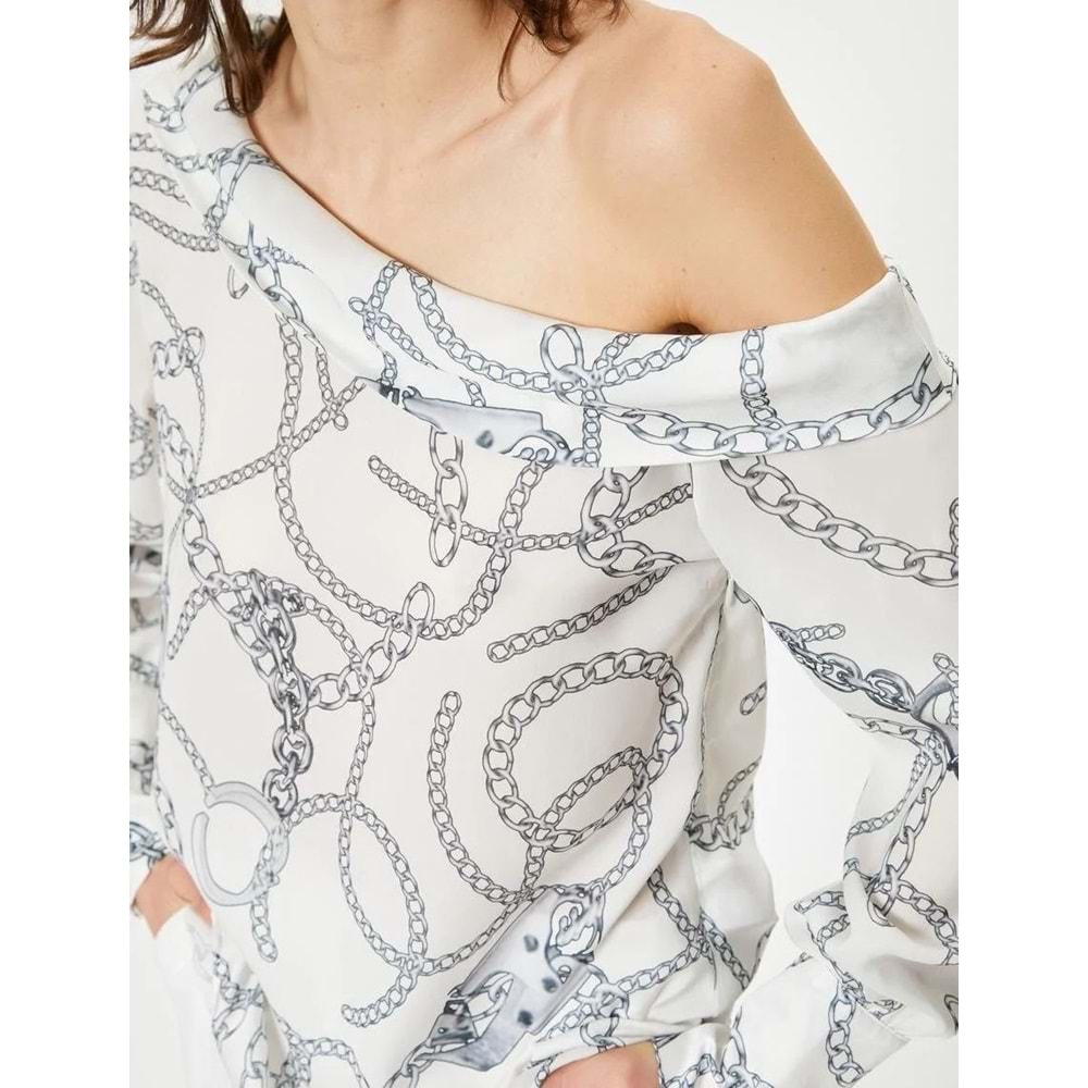 Degaje Yaka Bluz Şal Desenli Uzun Kollu - KOTON - 4SAK60314UW - BEYAZ DESENLİ - 42