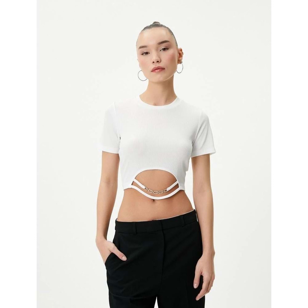 Crop Tişört Metal Aksesuar Detaylı Kısa Kollu Bisiklet Yaka - KOTON - 4SAL10036IK - EKRU - M