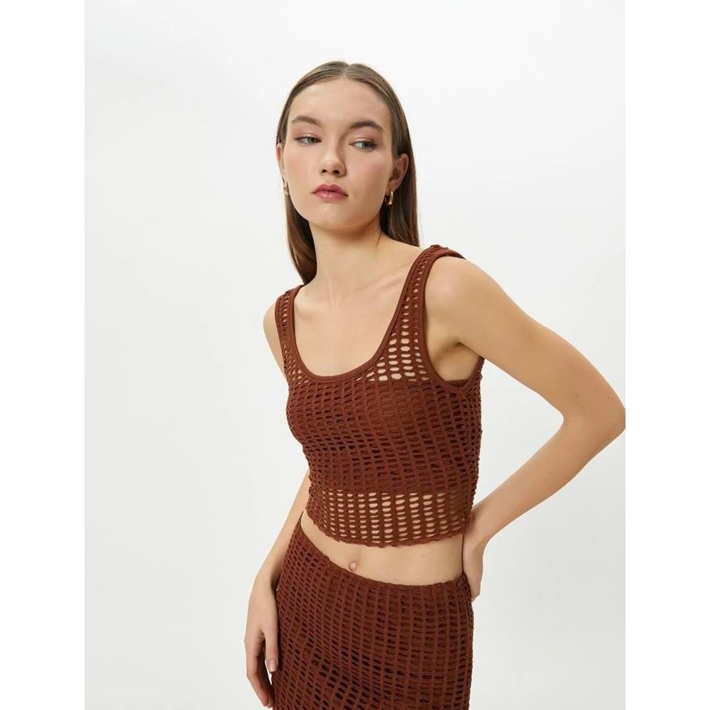 Fileli Crop Atlet Kalın Askılı U Yaka Slim Fit - KOTON - 4SAL30063IK - KAHVERENGİ - S