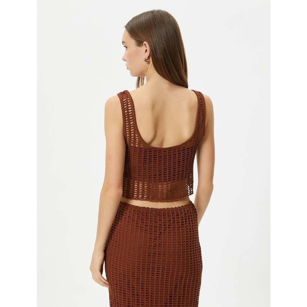 Fileli Crop Atlet Kalın Askılı U Yaka Slim Fit - KOTON - 4SAL30063IK - KAHVERENGİ - S