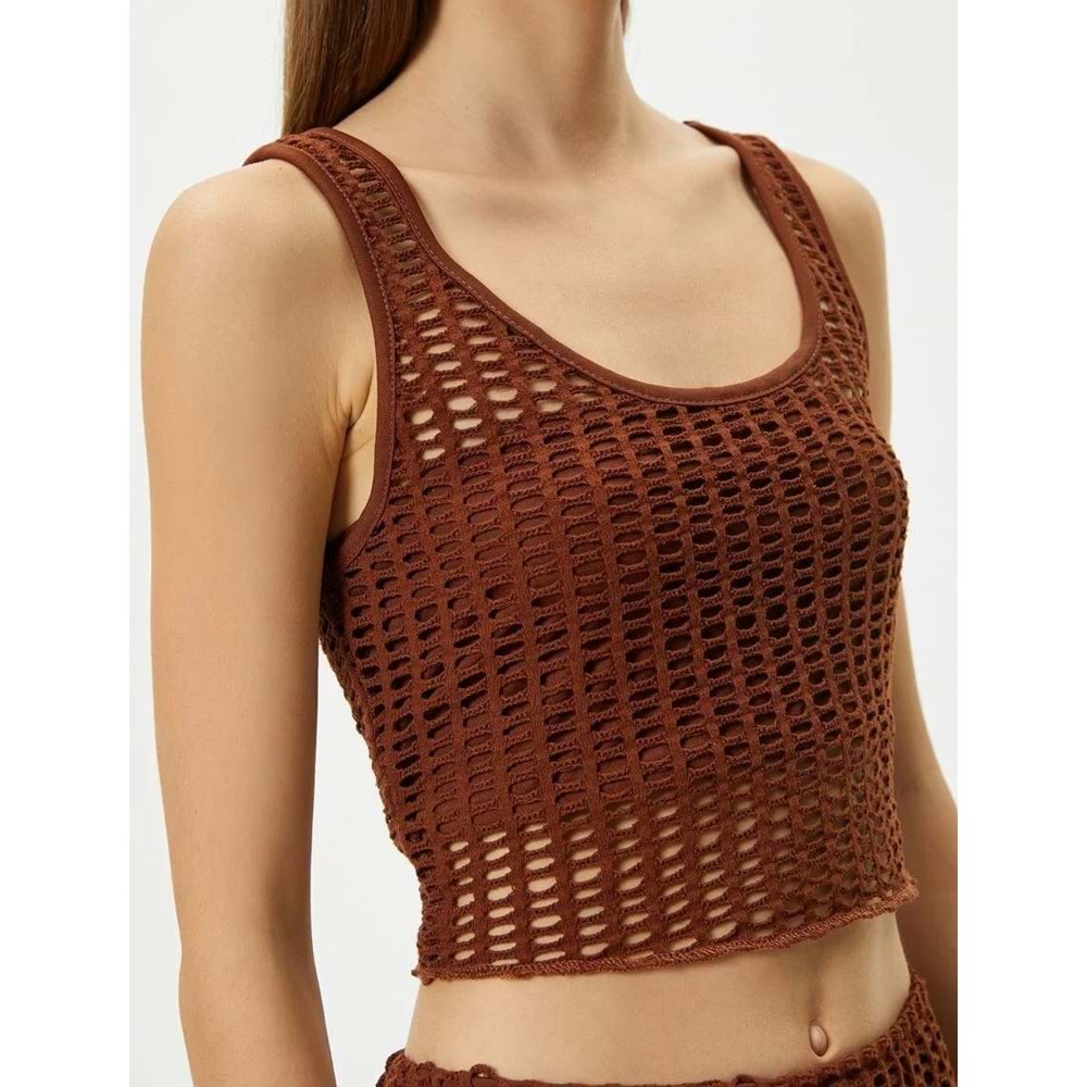 Fileli Crop Atlet Kalın Askılı U Yaka Slim Fit - KOTON - 4SAL30063IK - KAHVERENGİ - S