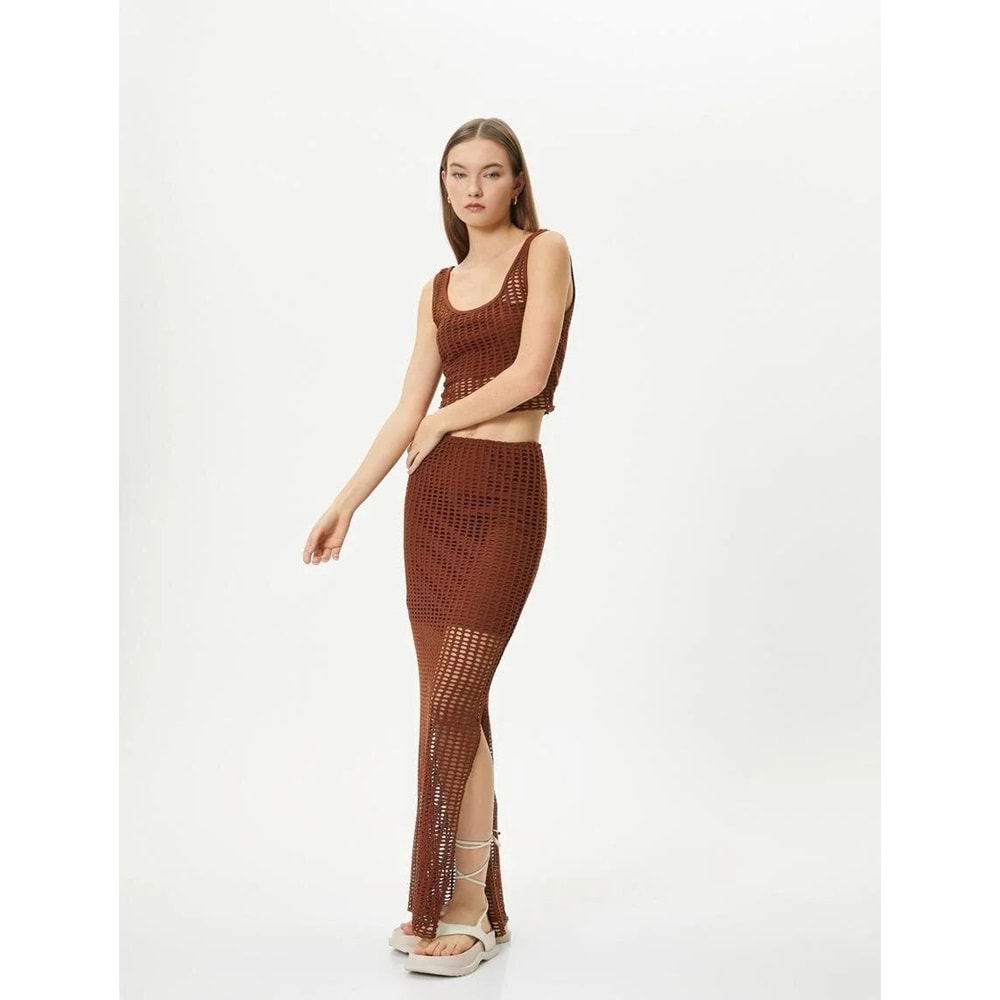 Fileli Crop Atlet Kalın Askılı U Yaka Slim Fit - KOTON - 4SAL30063IK - KAHVERENGİ - S