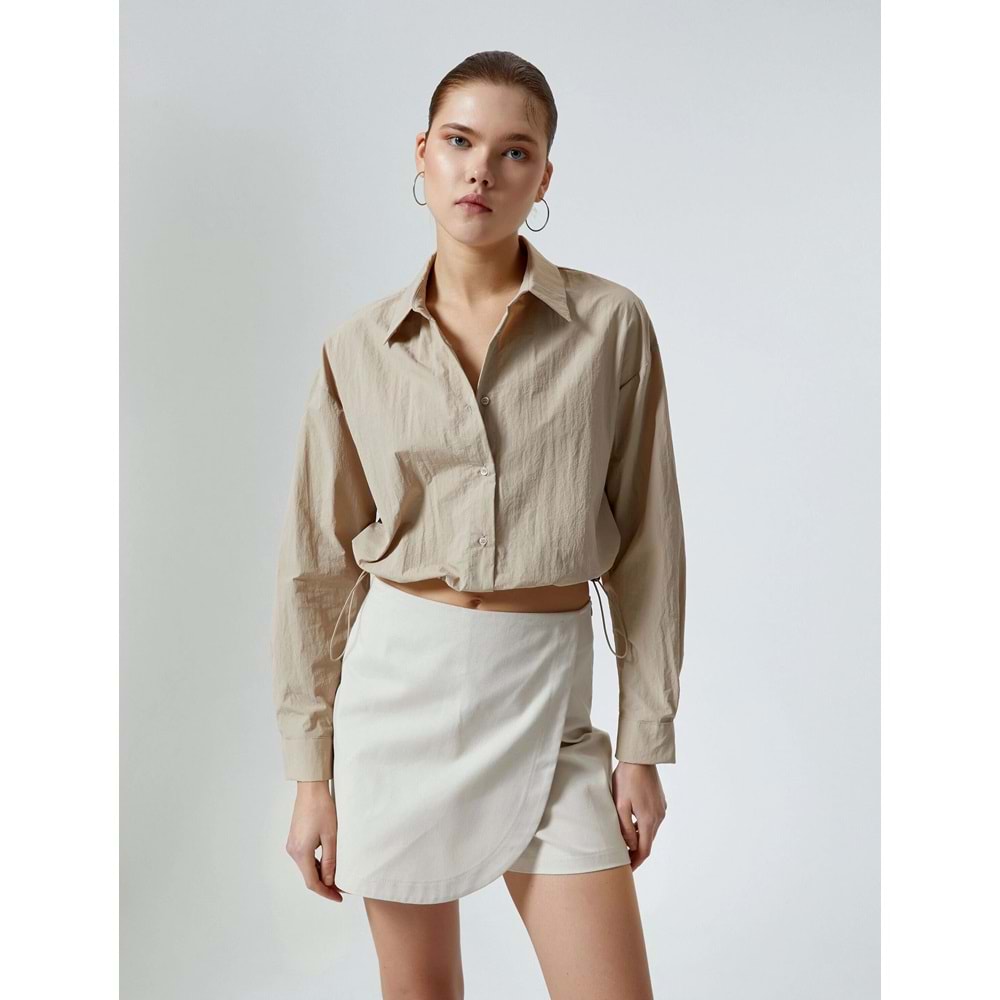 Paraşüt Kumaş Crop Gömlek Oversize Beli Lastikli - KOTON - 4SAL60011IW - BEJ - 34