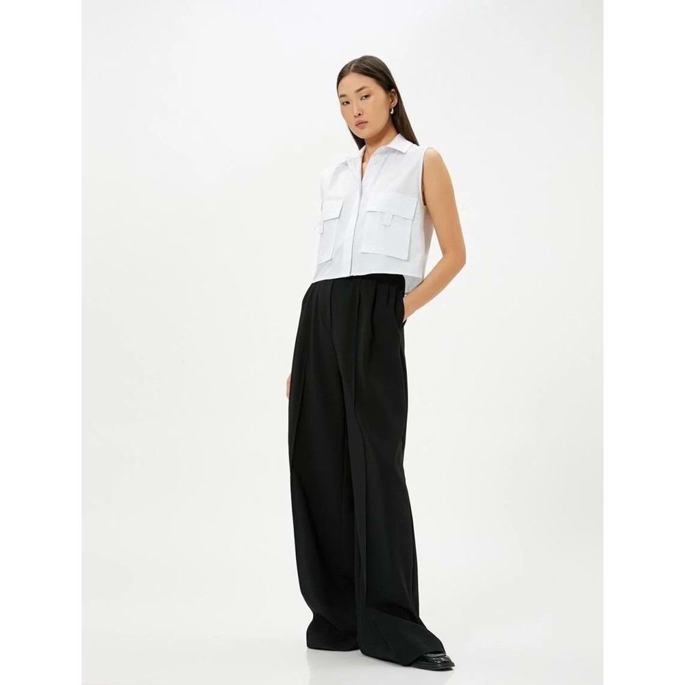 Crop Poplin Gömlek Kolsuz Kargo Cepli Manşet Yaka Düğmeli - KOTON - 4SAK60011EW - KIRIK BEYAZ - 44