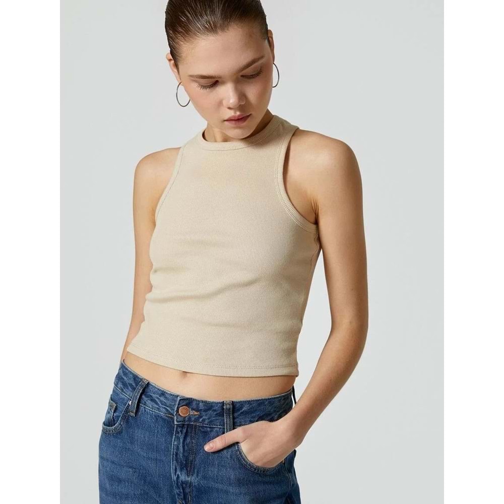 Basic Halter Yaka Atlet Ribanalı Pamuklu - KOTON - 4SAL30065IK - KAHVERENGİ - S