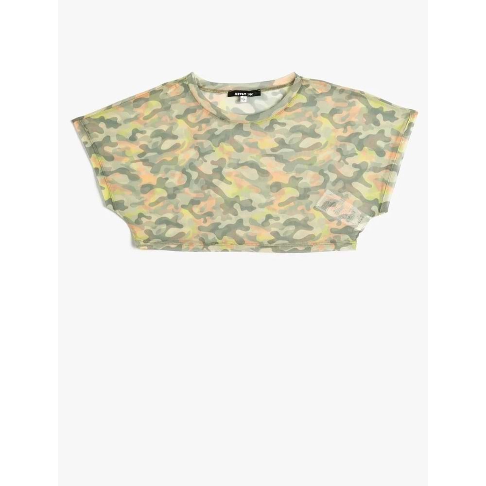 Transparan Crop Tişört Spor Kısa Kollu Bisiklet Yaka Kamuflaj Desenli - KOTON - 4SAK10067NK - YEŞİL DESENLİ - S