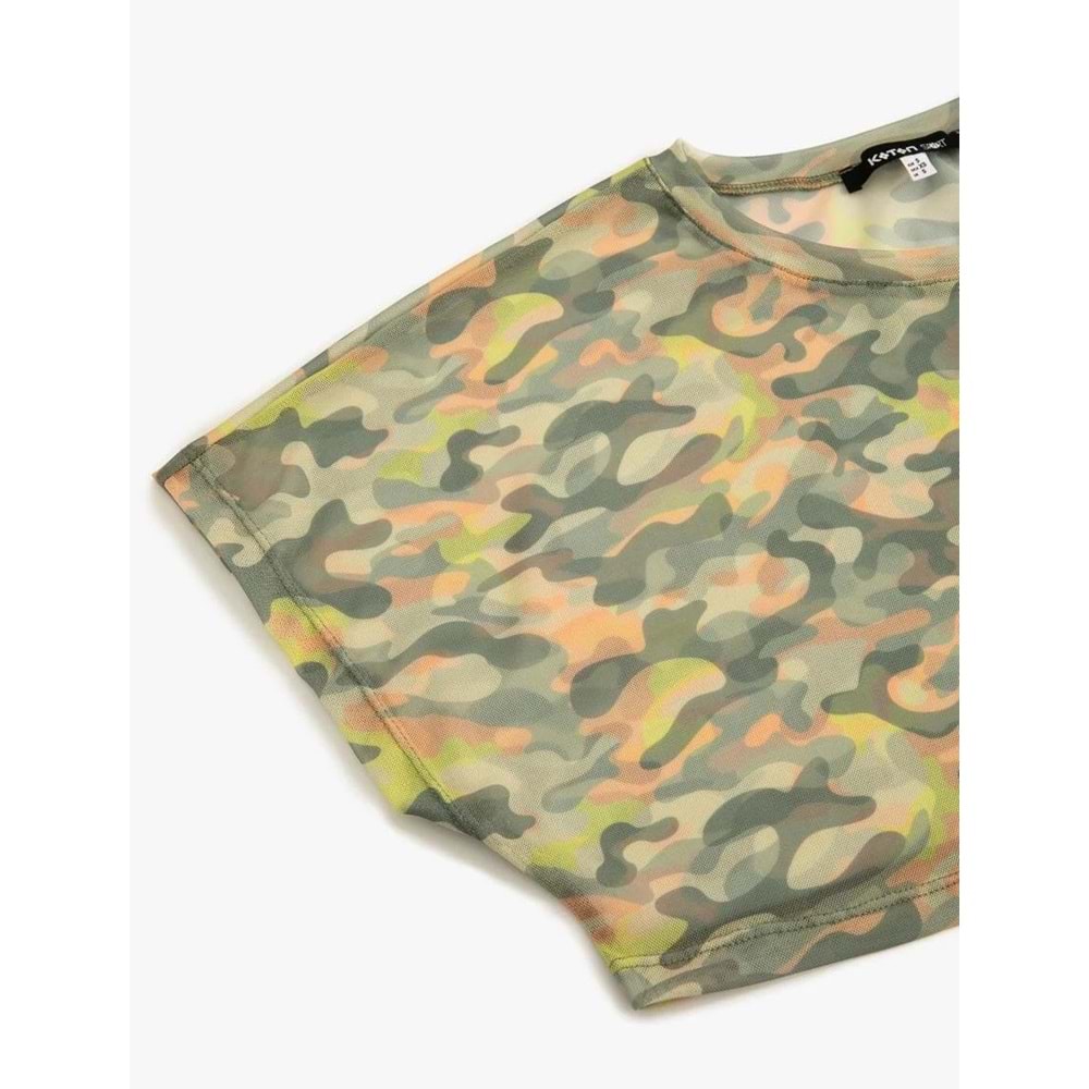 Transparan Crop Tişört Spor Kısa Kollu Bisiklet Yaka Kamuflaj Desenli - KOTON - 4SAK10067NK - YEŞİL DESENLİ - S