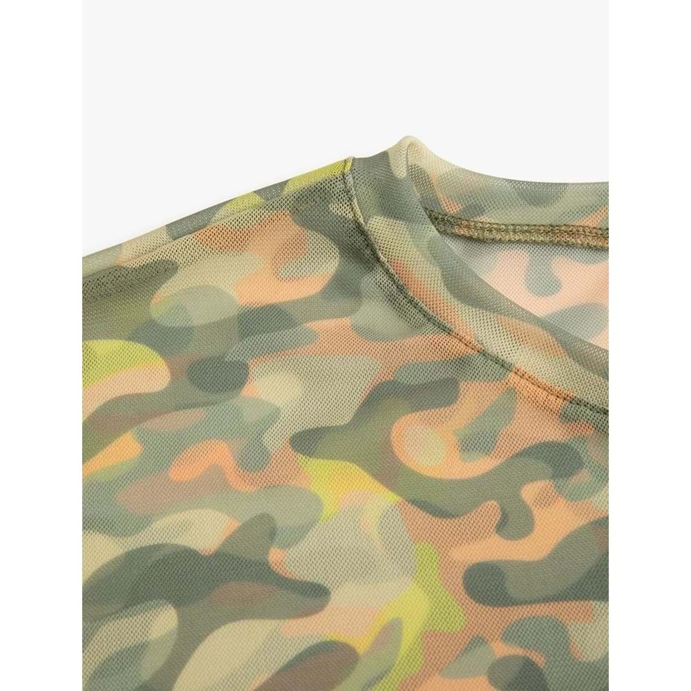 Transparan Crop Tişört Spor Kısa Kollu Bisiklet Yaka Kamuflaj Desenli - KOTON - 4SAK10067NK - YEŞİL DESENLİ - S