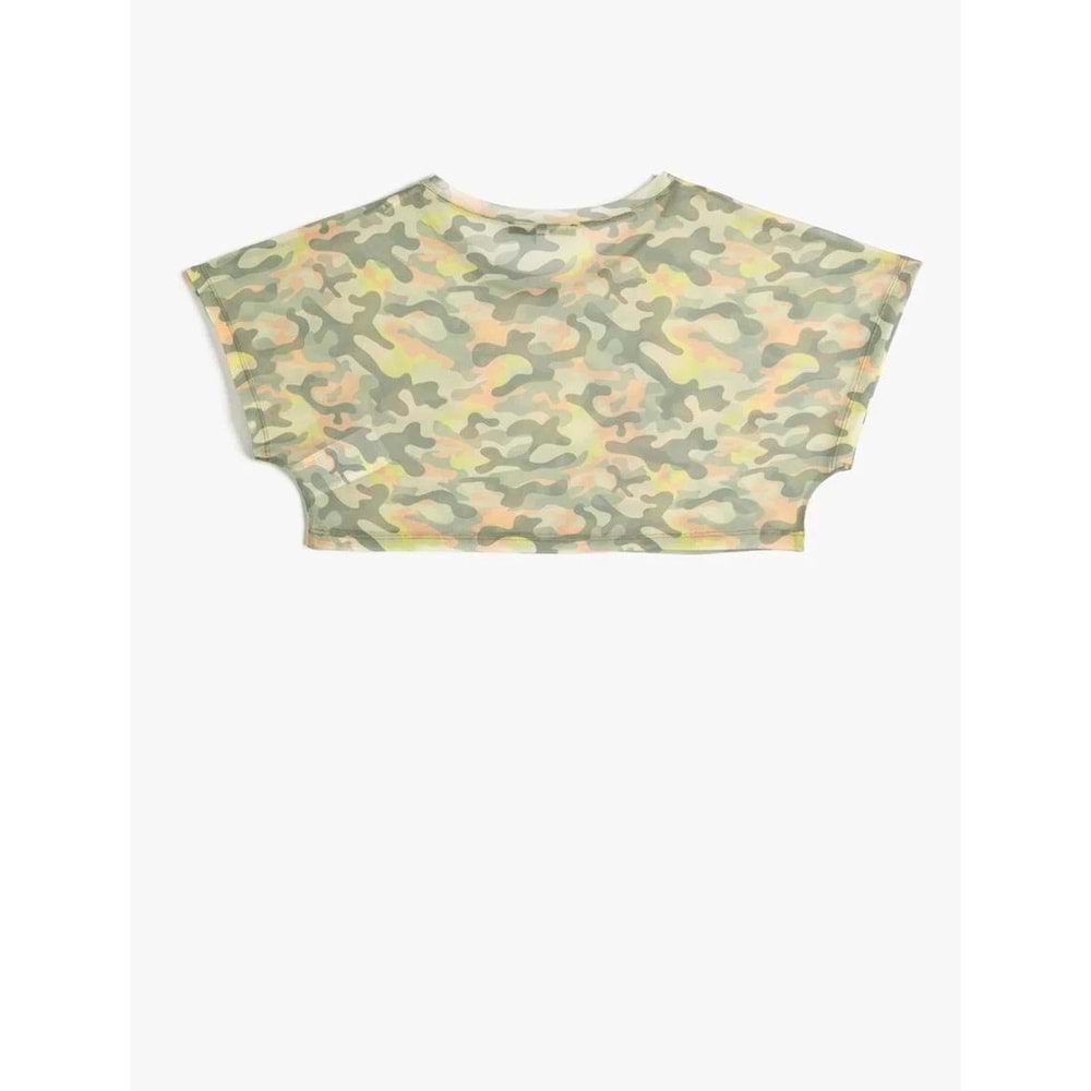 Transparan Crop Tişört Spor Kısa Kollu Bisiklet Yaka Kamuflaj Desenli - KOTON - 4SAK10067NK - YEŞİL DESENLİ - S