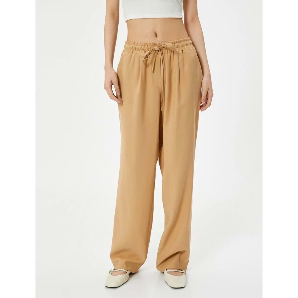 Bol Paça Pantolon Viskoz Kumaş Beli Bağlamalı Cepli - KOTON - 4SAK40043PW - KAHVERENGİ - 36