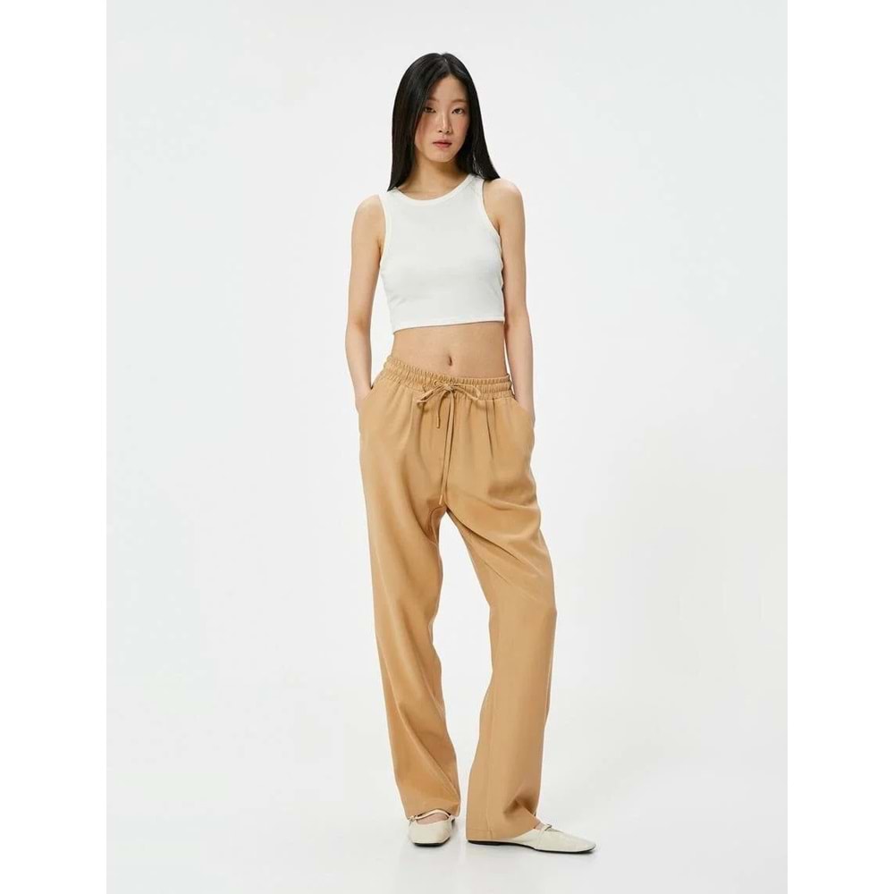 Bol Paça Pantolon Viskoz Kumaş Beli Bağlamalı Cepli - KOTON - 4SAK40043PW - KAHVERENGİ - 36