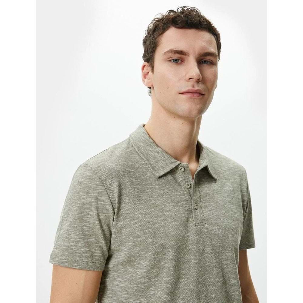 Polo Yaka Tişört Düğme Detaylı Kısa Kollu Kırçıllı - KOTON - 4SAM10096MK - HAKİ - XXL