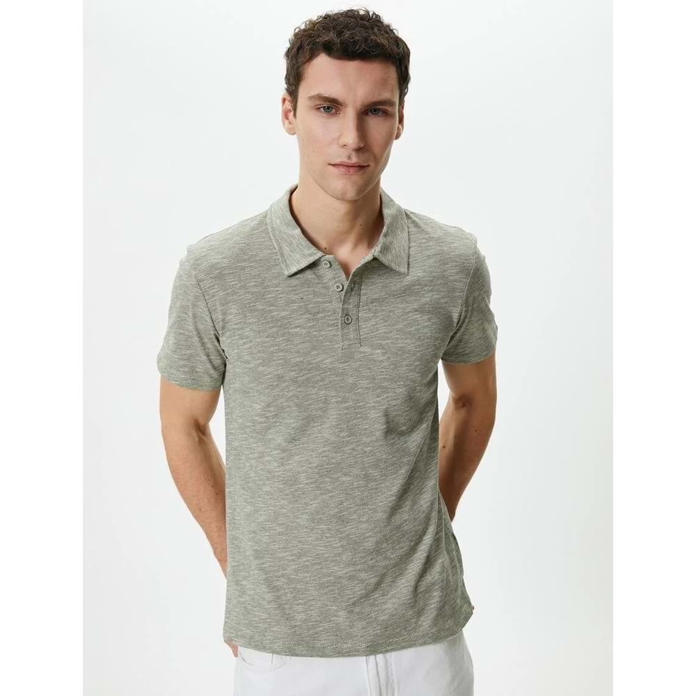 Polo Yaka Tişört Düğme Detaylı Kısa Kollu Kırçıllı - KOTON - 4SAM10096MK - HAKİ - XXL