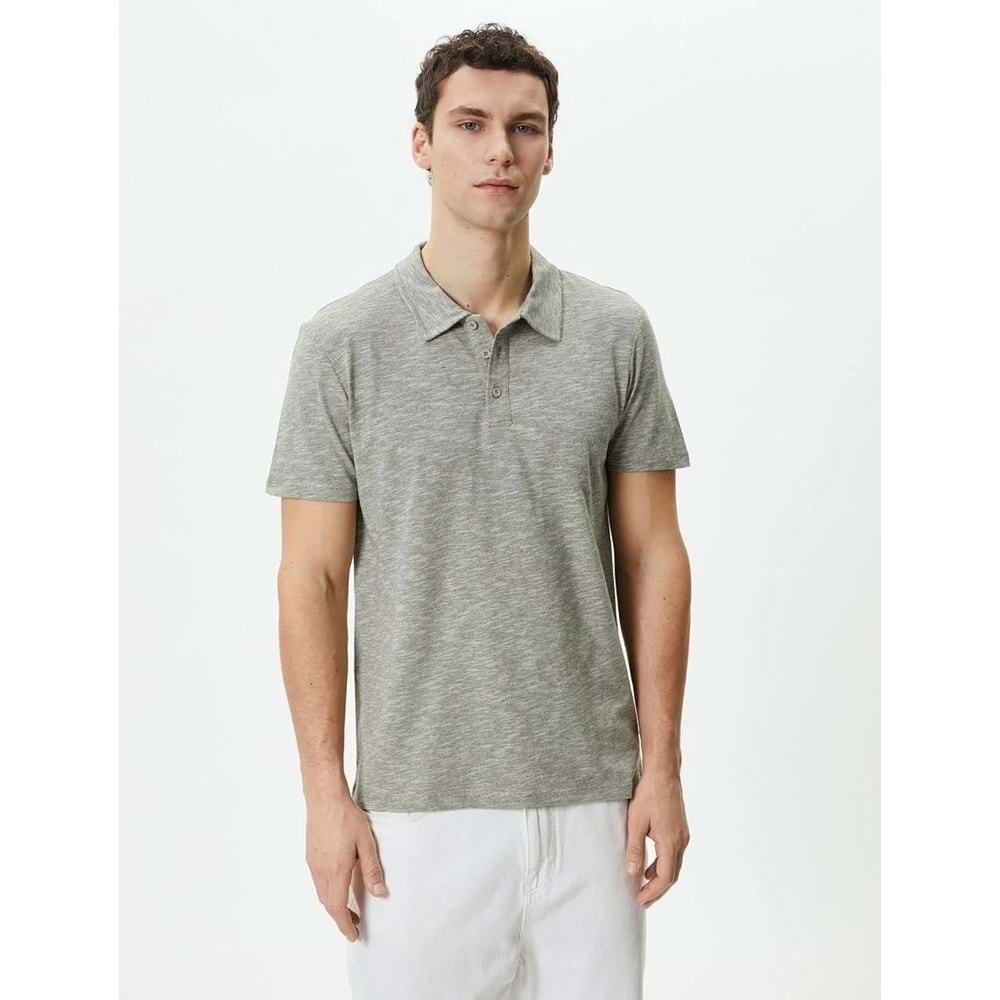 Polo Yaka Tişört Düğme Detaylı Kısa Kollu Kırçıllı - KOTON - 4SAM10096MK - HAKİ - XXL