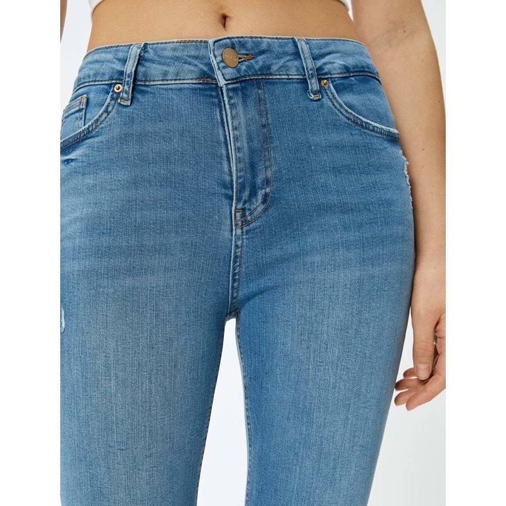 Dar Kesim Yüksek Bel Kot Pantolon Yıpratmalı Esnek Cepli Pamuklu - Carmen Skinny Jeans - KOTON - 4SAL40060MD - AÇIK İNDİGO - 32/32