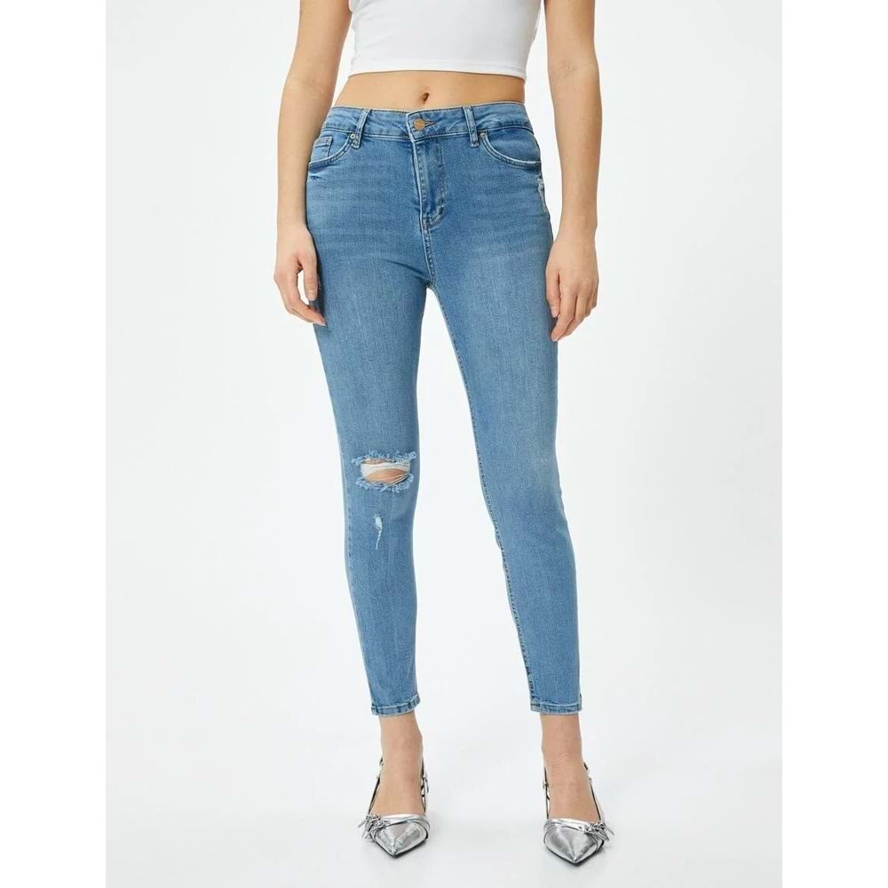 Dar Kesim Yüksek Bel Kot Pantolon Yıpratmalı Esnek Cepli Pamuklu - Carmen Skinny Jeans 4sal40060md