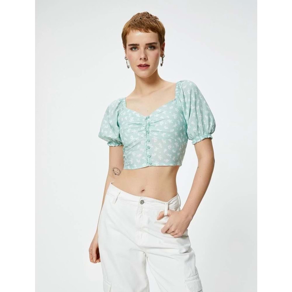 Balon Kol Crop Bluz Çiçekli Düğmeli V Yaka Viskoz Kumaş - KOTON - 4SAL60014IW - YEŞİL DESENLİ - 40