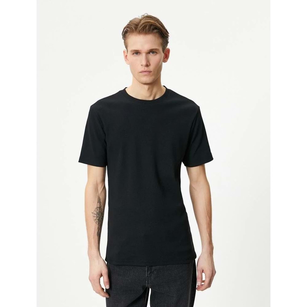 Fitilli Tişört Dokulu Bisiklet Yaka Kısa Kollu Pamuklu - KOTON - 4SAM10272HK - SİYAH - XL