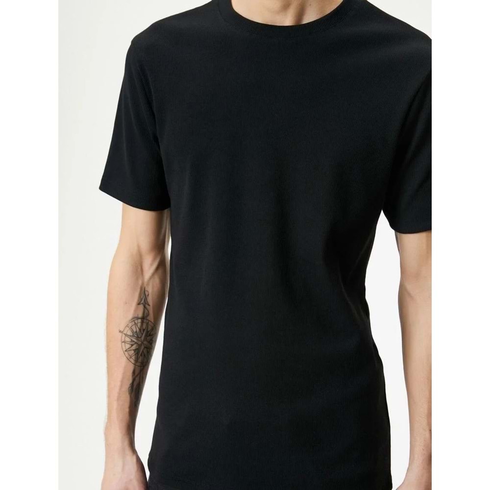 Fitilli Tişört Dokulu Bisiklet Yaka Kısa Kollu Pamuklu - KOTON - 4SAM10272HK - SİYAH - XL