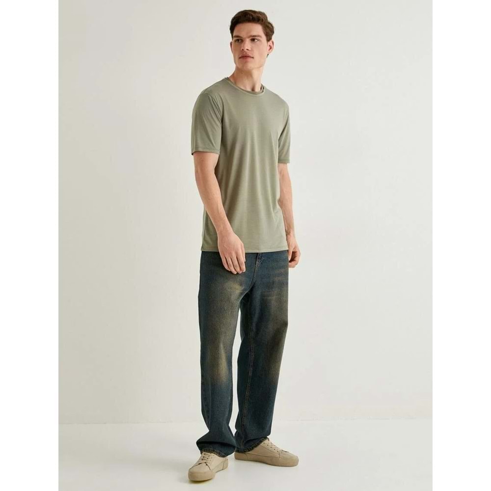 Basic Tişört Kısa Kollu Bisiklet Yaka Slim Fit - KOTON - 4SAM10276HK - HAKİ - S