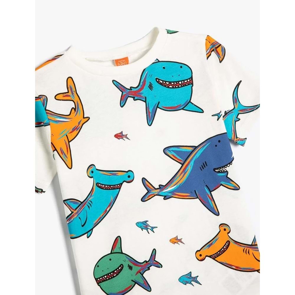 Erkek Bebek Tişört Köpek Balığı Baskılı Kısa Kollu Pamuklu - KOTON - 4SMB10158TK - EKRU DESENLİ - 24-36 AY