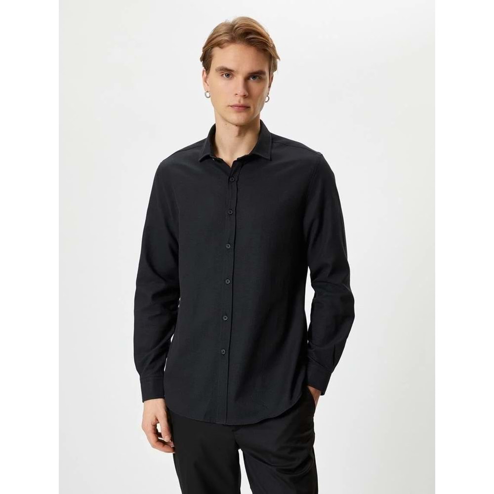 Slim Fit Gömlek Yarım İtalyan Yaka Uzun Kollu - KOTON - 4SAM60007HW - SİYAH - XXL