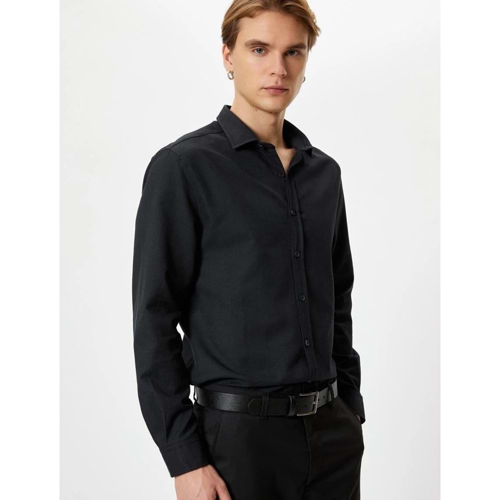 Slim Fit Gömlek Yarım İtalyan Yaka Uzun Kollu - KOTON - 4SAM60007HW - SİYAH - XXL
