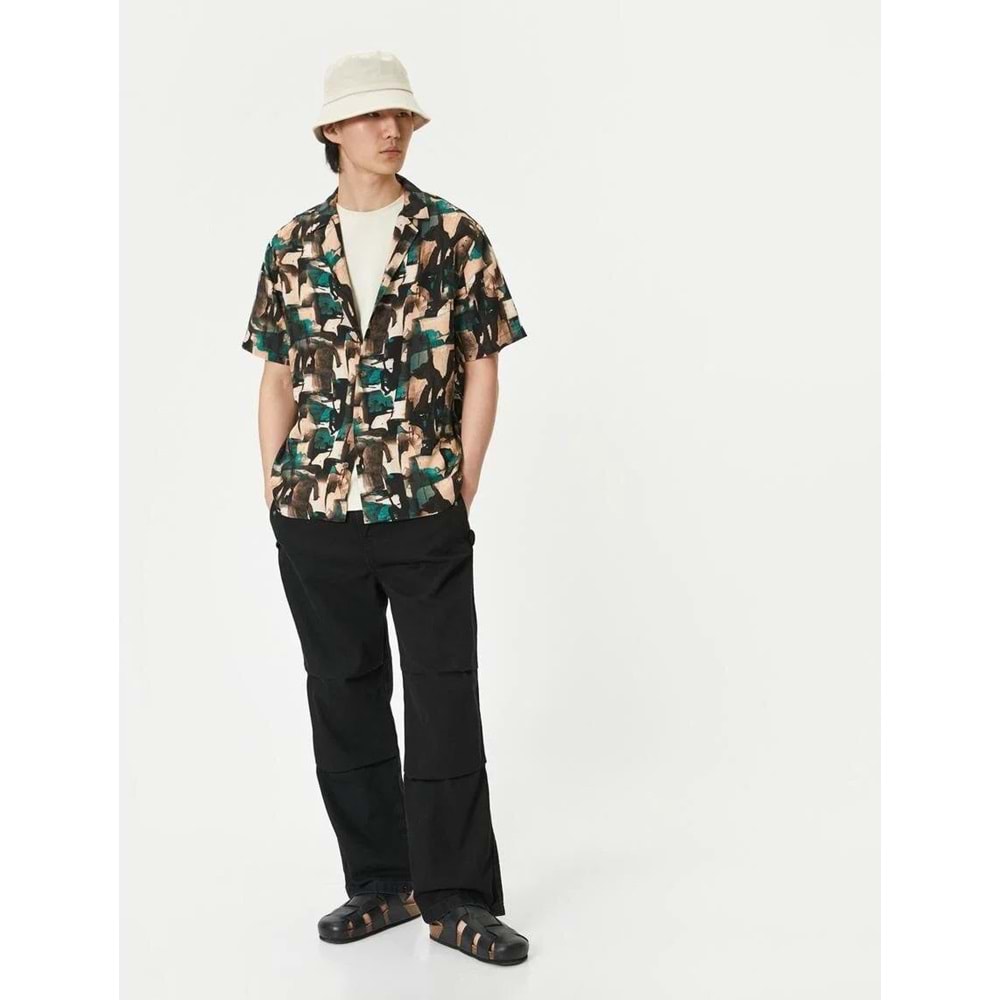 Soyut Desenli Gömlek Kısa Kollu Devrik Yaka Viskon Kumaş - KOTON - 4SAM60042HW - YEŞİL DESENLİ - XXL