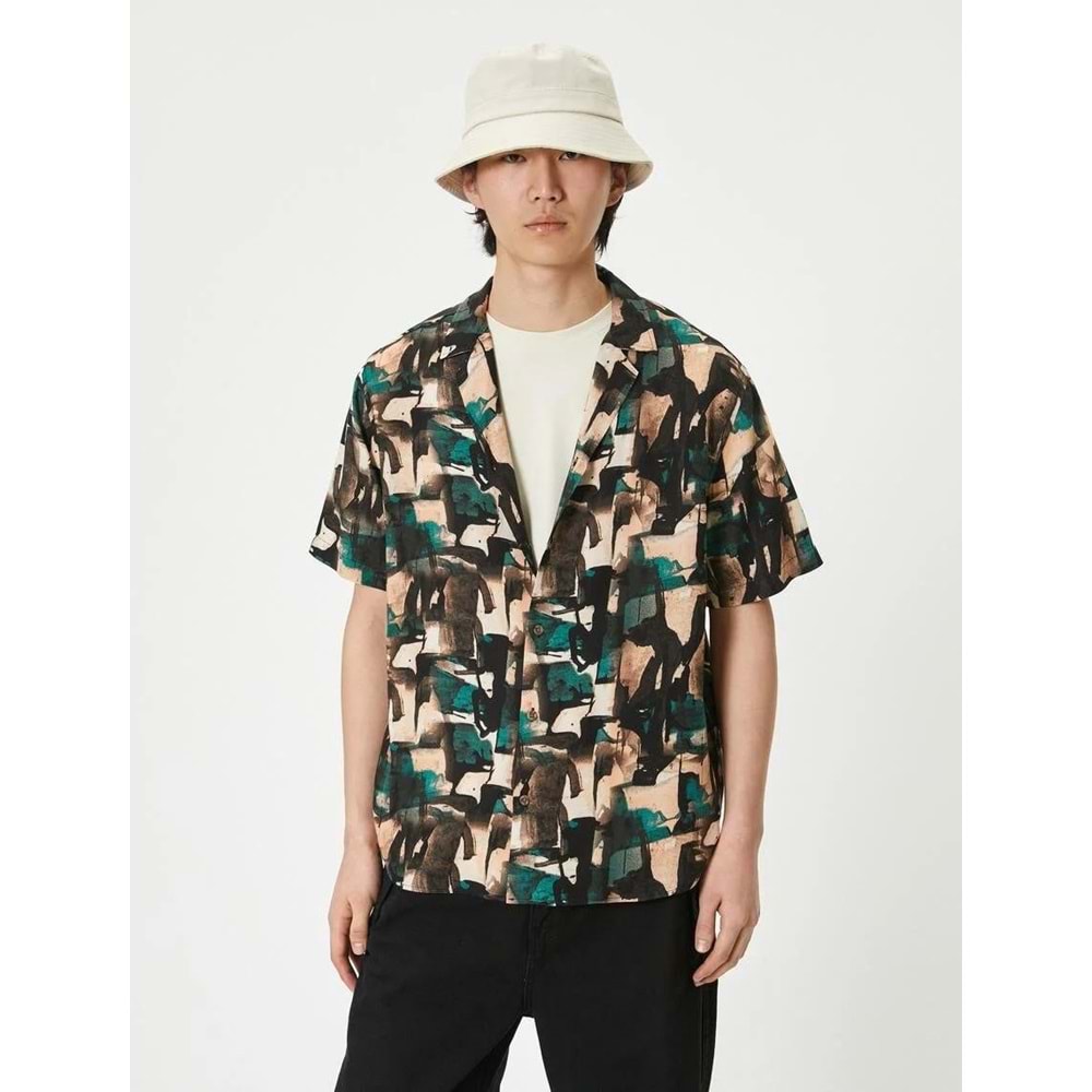 Soyut Desenli Gömlek Kısa Kollu Devrik Yaka Viskon Kumaş - KOTON - 4SAM60042HW - YEŞİL DESENLİ - XXL