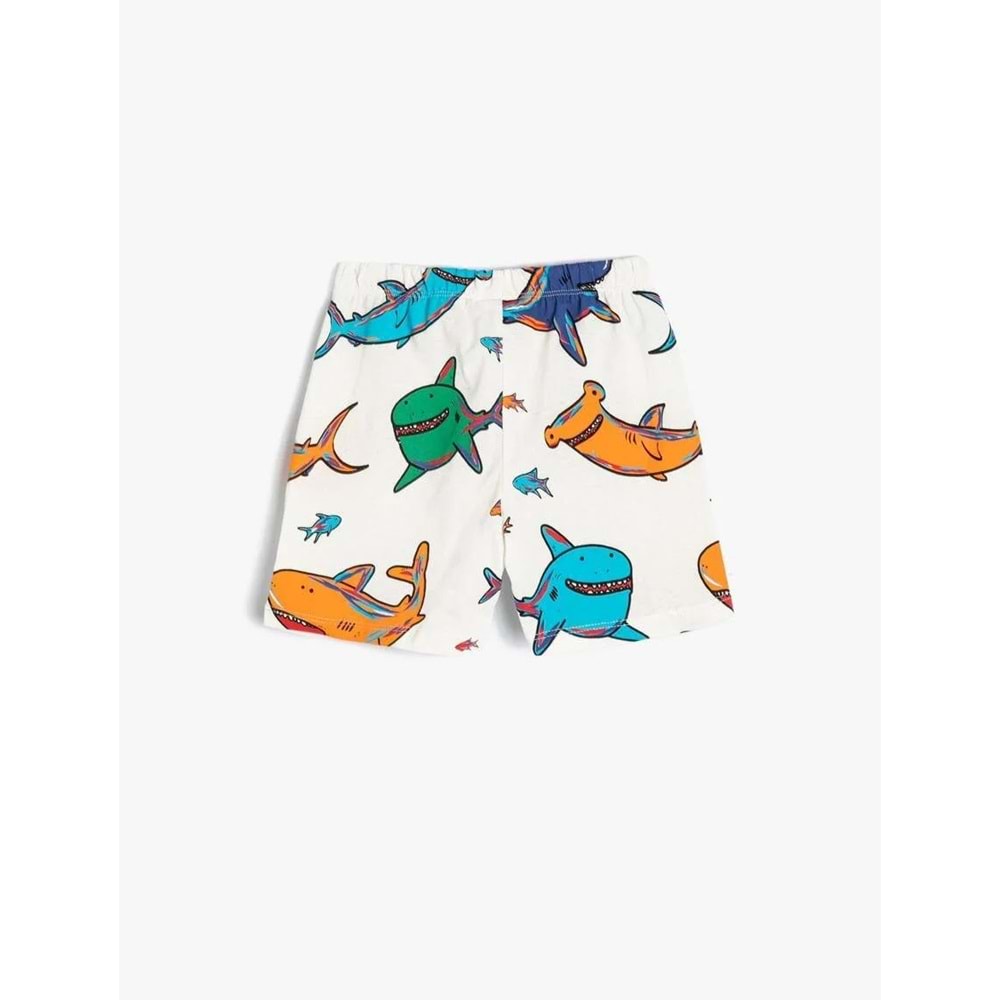 Erkek Bebek Şort Beli Bağlamalı Köpek Balığı Baskılı Pamuklu - KOTON - 4SMB40099TK - EKRU DESENLİ - 9-12 AY