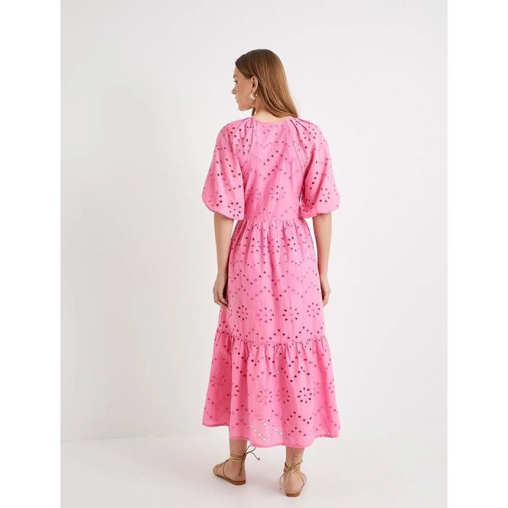 Midi Fisto Elbise Balon Kol V Yaka Düğmeli - KOTON - 4SAK80071PW - PEMBE - 38
