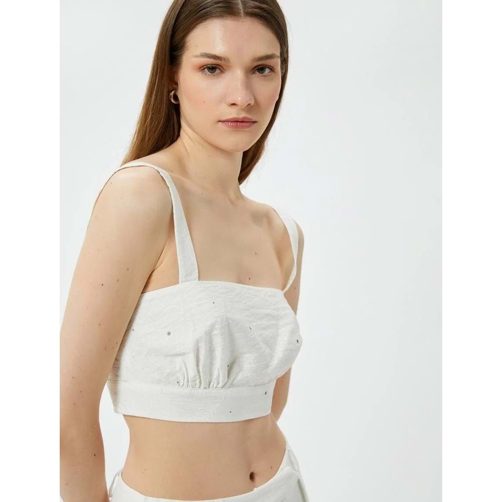 Fisto Crop Üst Askılı Kare Yaka Viskon-KOTON-4SAK30052EW - EKRU DESENLİ - 38
