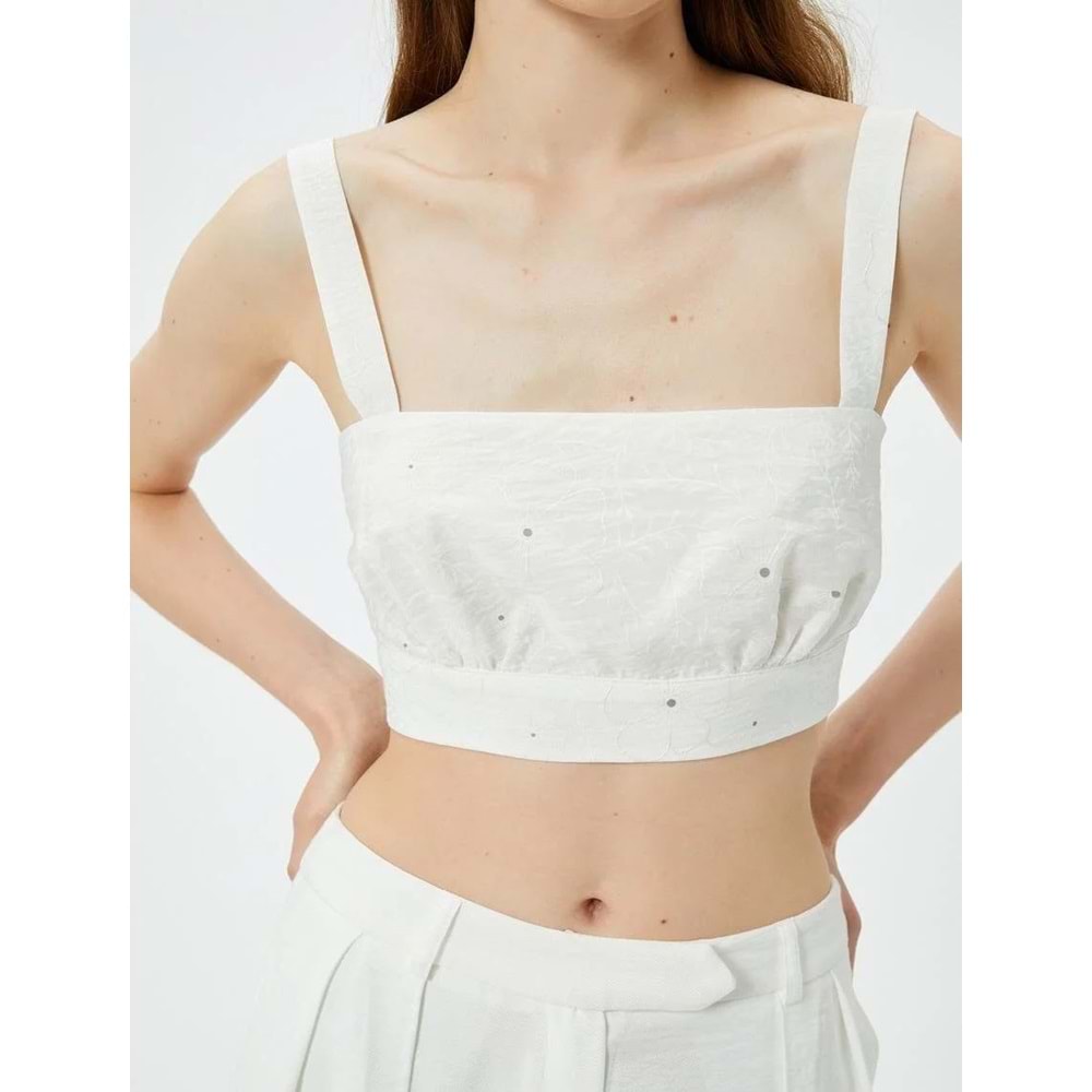 Fisto Crop Üst Askılı Kare Yaka Viskon-KOTON-4SAK30052EW - EKRU DESENLİ - 38