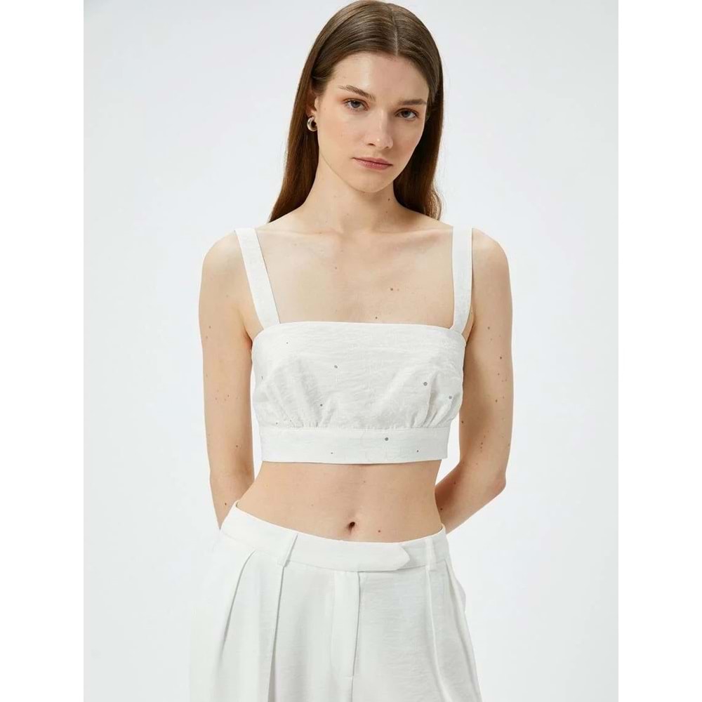 Fisto Crop Üst Askılı Kare Yaka Viskon-KOTON-4SAK30052EW - EKRU DESENLİ - 38