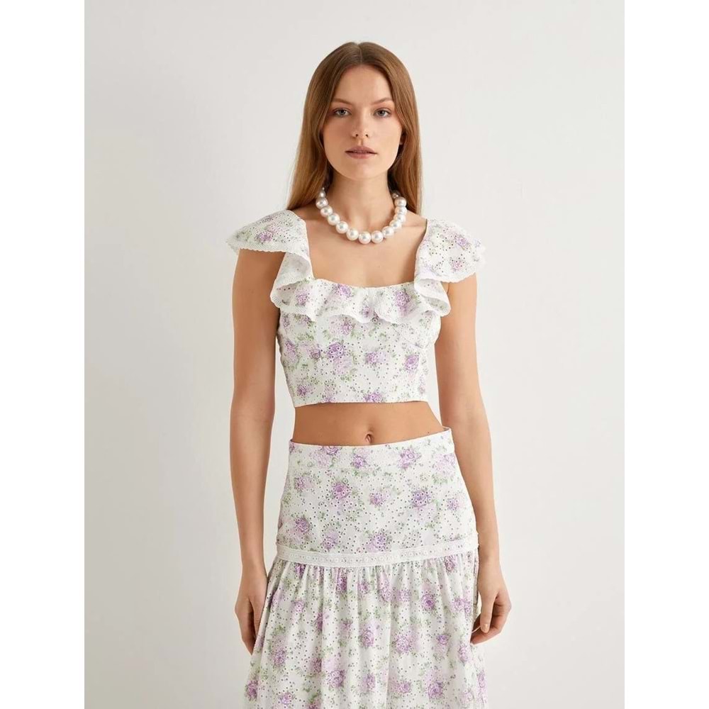 Crop Fisto Çiçekli Üst Fırfırlı Pamuklu - KOTON - 4SAK30059EW - LİLA DESENLİ - 36