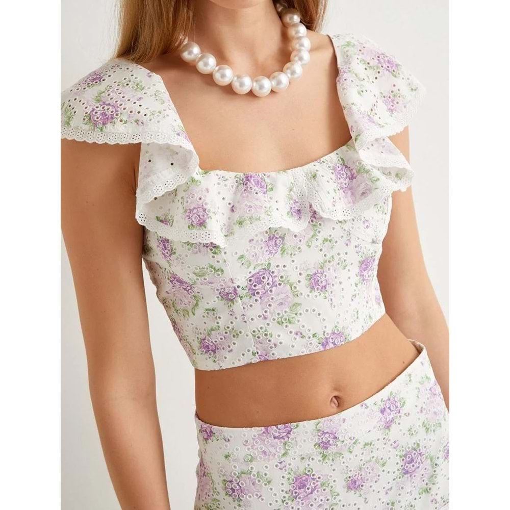 Crop Fisto Çiçekli Üst Fırfırlı Pamuklu - KOTON - 4SAK30059EW - LİLA DESENLİ - 36
