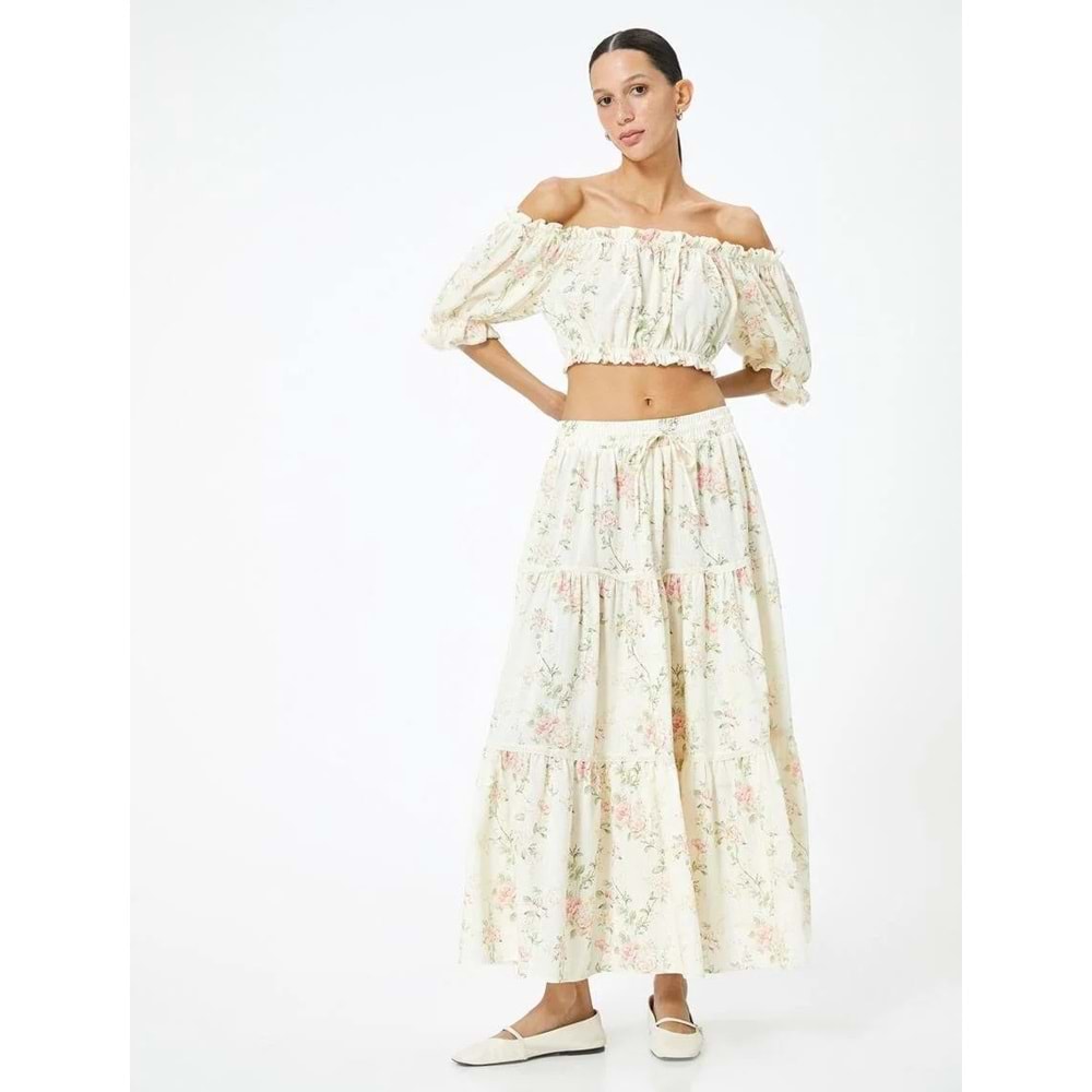 Crop Straplez Atlet Çiçekli Fırfırlı Pamuklu Slim Fit - KOTON - 4SAK30062EW - PEMBE DESENLİ - 42