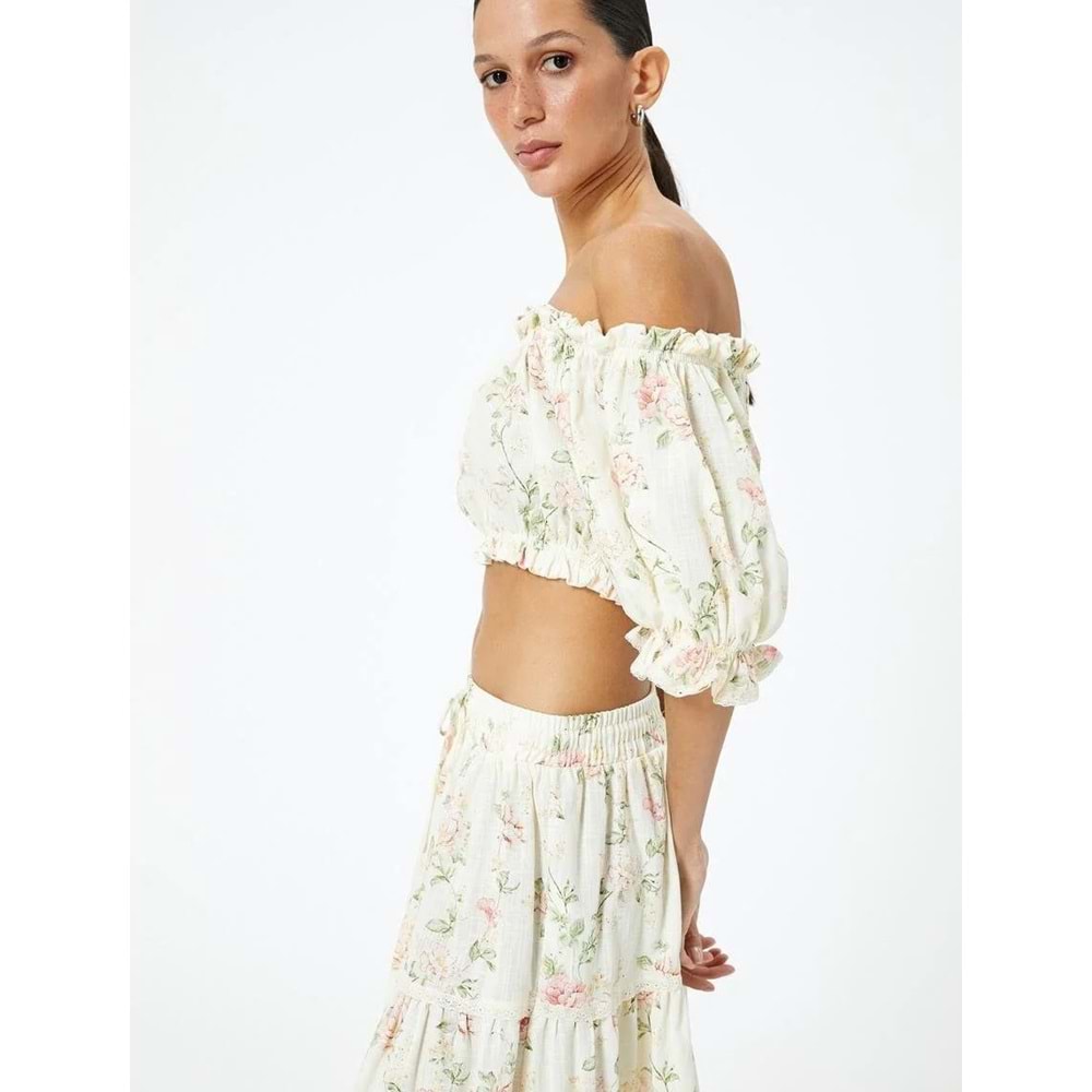 Crop Straplez Atlet Çiçekli Fırfırlı Pamuklu Slim Fit - KOTON - 4SAK30062EW - PEMBE DESENLİ - 42