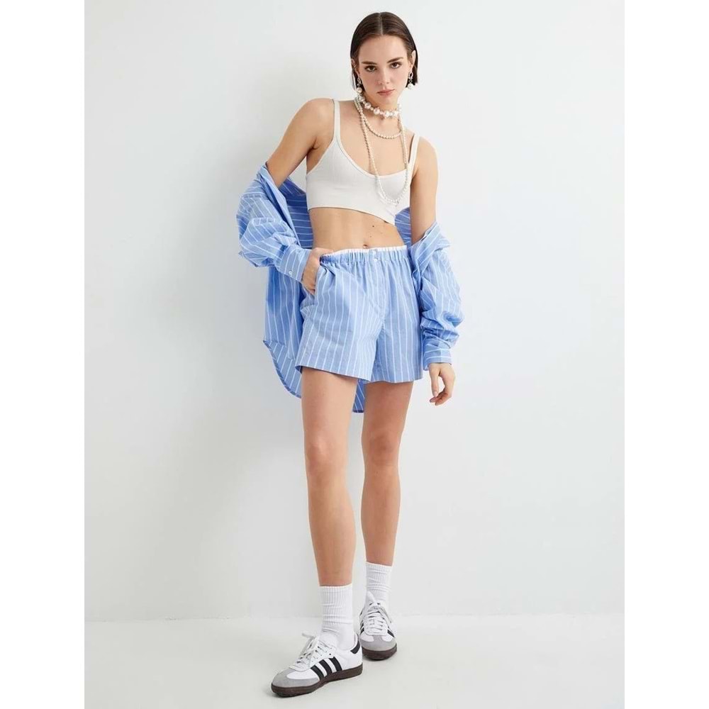 Mini Şort Cepli Beli Çift Lastik Detaylı - KOTON - 4SAK40068EW - MAVİ ÇİZGİLİ - 36