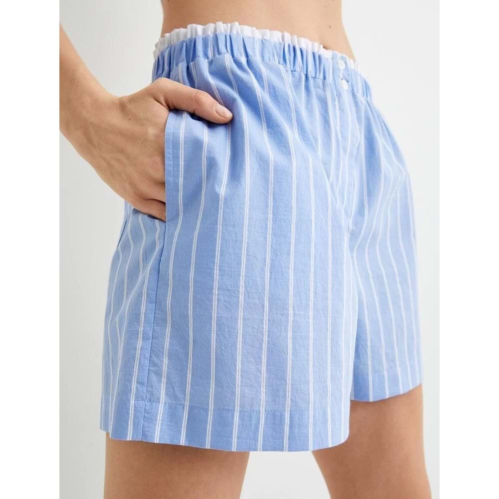 Mini Şort Cepli Beli Çift Lastik Detaylı - KOTON - 4SAK40068EW - MAVİ ÇİZGİLİ - 38